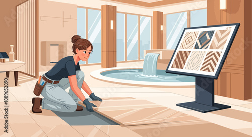 Female worker installing floor tiles in a modern showroom.