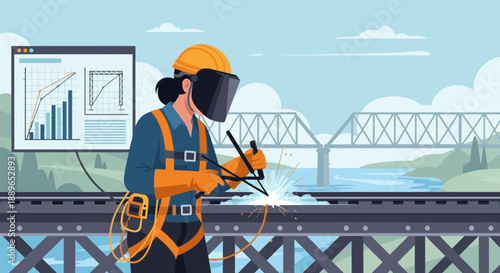 Female welder in safety gear working on a metal structure.