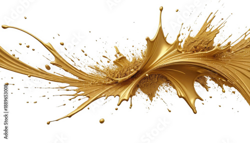 Dynamic burst of thick shimmering gold liquid paint splashes aggressively outward forming intricate wave patterns on transparent background