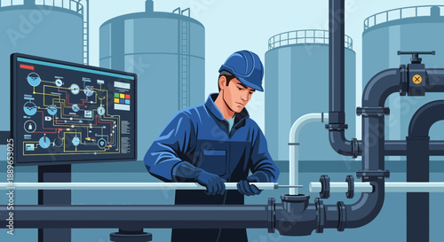 Industrial worker in blue uniform and hard hat performing maintenance on pipes.