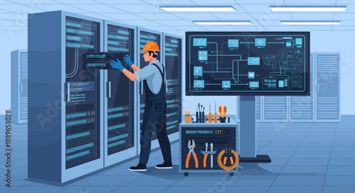 IT technician performing maintenance on server racks in a data center.