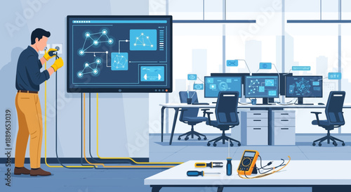 IT Technician Working on Network Infrastructure Display.