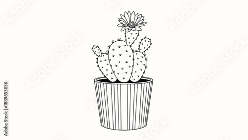 Line art illustration of a flowering prickly pear cactus in a striped ceramic pot featuring several pads and a single bloom on top.