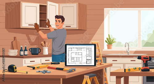 Man installing new kitchen cabinets home renovation project.