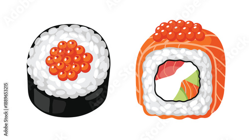 Two different sushi rolls featuring a maki topped with salmon roe and a california roll with various fillings on a white background.