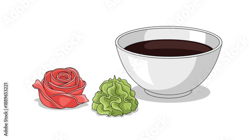 Illustration of a bowl of soy sauce next to a red ginger rose and a green wasabi mound as traditional sushi condiments for dining.