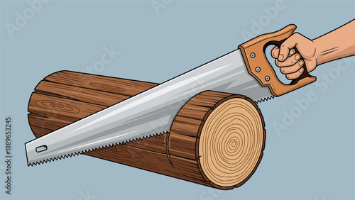 Hand drawn style illustration of a person using a hand saw to cut through a large wooden log on a plain blue background for work.