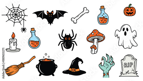 Comprehensive collection of various colorful halloween themed icons including bats spiders ghosts pumpkins witch hats and potions.