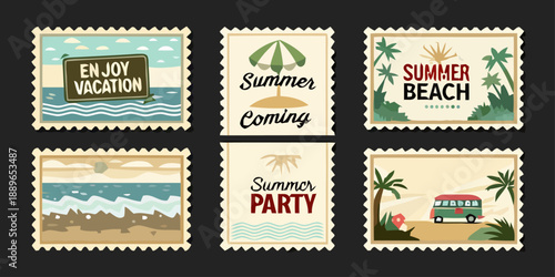 Summer vacation stickers show beach scenes and party invites on stamps