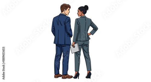 Two business professionals standing and discussing in formal attire indoors