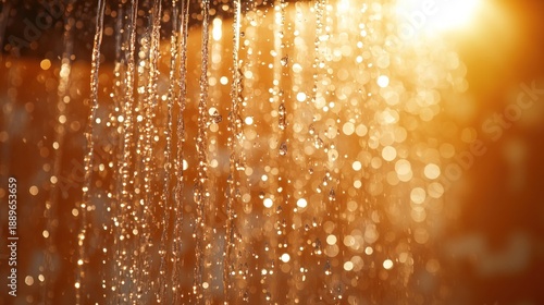 Close-up of water droplets falling from showerhead, illuminated by warm sunlight