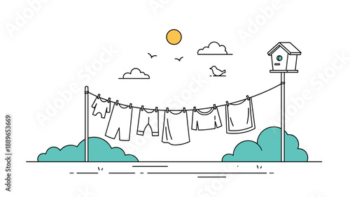 Simple outdoor scene with laundry hanging on a clothesline between a post and a birdhouse under a bright sun conveys a peaceful day.