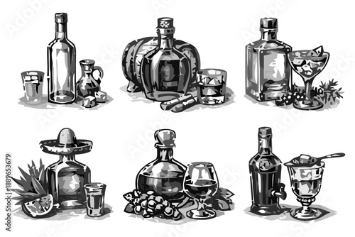 A vibrant collection of six unique still life scenes showcasing various bottles, glasses, and accessories on a white surface with a touch of sdkh ai