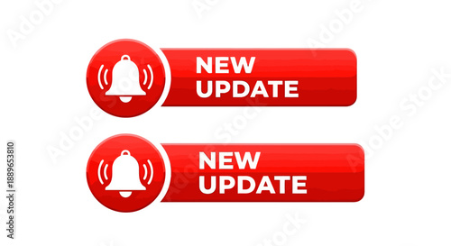 Two red alert banners with bell icons announce new updates on a white background