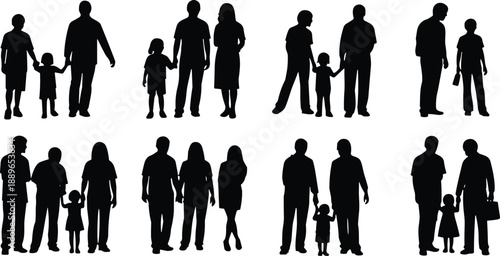   
Family silhouette set with eight diverse adult-child groupings in black, illustrating varied family structures