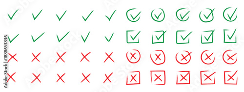 Hand drawn doodle checkmark and cross icons set checklist marks in box and circle grunge brush style vector illustration. hand drawn sketch doodle brush marker checklist symbol wrong right circle.