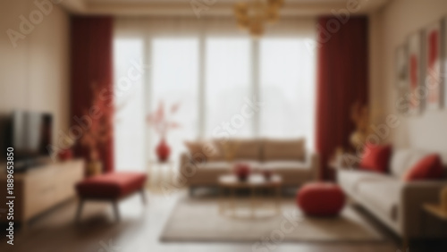 Wallpaper Mural Blurred background of Modern apartment living room with minimalist Chinese New Year decor, subtle red accents and gold ornaments, city apartment interior, early evening, soft indirect lighting. Torontodigital.ca