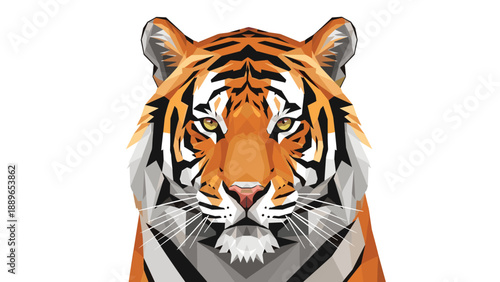 Powerful tiger head portrait created with colorful low poly geometric shapes showcases a modern and artistic take on wildlife illustration.