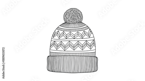 Cozy knit winter beanie with a patterned design and a fluffy pom pom on top is shown in a detailed line drawing for seasonal fashion.
