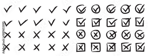 Check mark icons set. Green brush stroke check mark, tick symbols, checklist signs. Grunge brush stroke signs. Grunge checkmark design. Dirty grunge stroke checkmark sign vector illustration Handdrawn