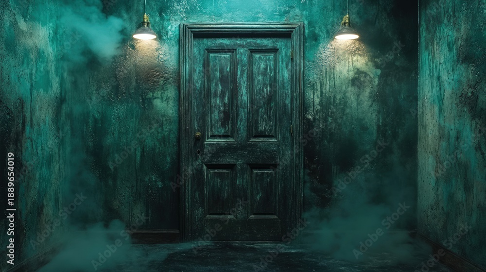 Obraz premium Moody image of a distressed door in a dimly lit, smoky, mossy-walled interior