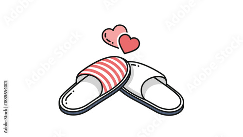 Pair of comfortable home slippers with a red and white striped pattern and floating pink hearts symbolizes love and domestic comfort.