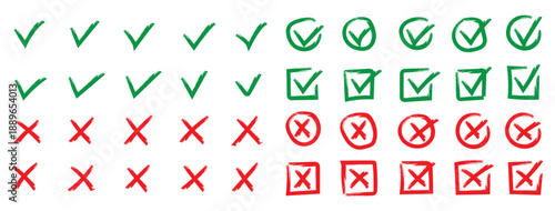 Check mark icons set. Green brush stroke check mark, tick symbols, checklist signs. Grunge brush stroke signs. Grunge checkmark design. Dirty grunge stroke checkmark sign vector illustration Handdrawn