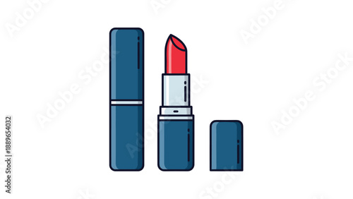 Elegant red lipstick tube shown both open and closed in a minimalist graphic style highlights essential beauty and makeup products.