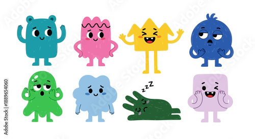 Colorful cartoon characters wave and smile in a lively scene together