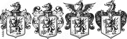 Medieval dragon heraldry shields in vintage engraving with unique crest variations