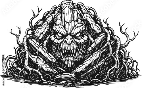 Eerie monstrous tree stump with menacing face emerging from tangled roots and twisted branches