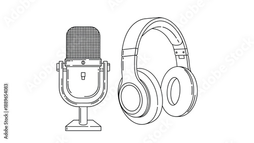 Professional condenser microphone standing next to a pair of large headphones is illustrated in a clean line art style for audio themes.