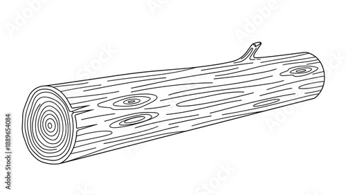 Large wooden tree log with visible growth rings on the end is depicted in a simple line drawing representing timber and natural wood.