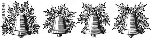 vintage christmas bells with holly leaves engraved illustration set traditional festive decoration and holiday element design
