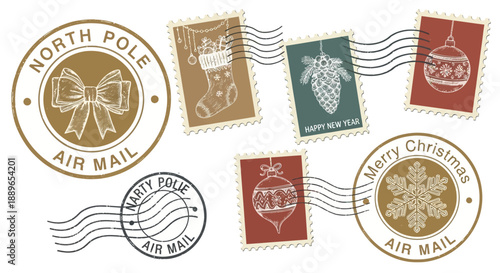 Vintage Christmas stamps with festive designs and North Pole airmail labels