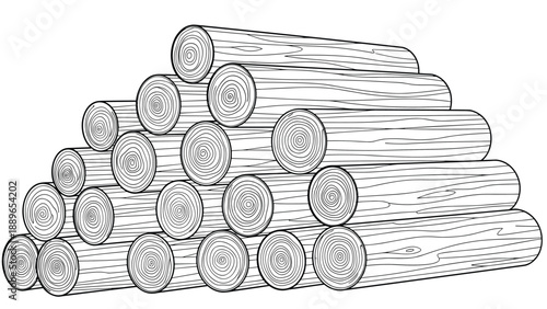 Stacked pile of wooden logs shown in a detailed black and white line art illustration representing firewood and forestry concepts.