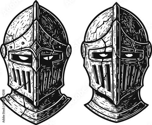 Medieval knight helmets front and side view vintage warrior armor head protection with visor and metal plates detail