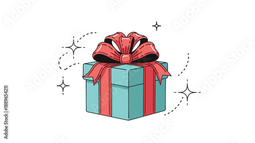 Charming blue gift box decorated with a large red bow and festive sparkling stars, ideal for birthday or holiday celebration graphics.