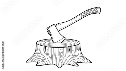 Classic woodcutter axe embedded in a tree stump rendered in detailed black and white line art, highlighting forestry and labor concepts.