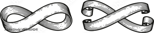 vintage hand drawn ribbons in infinity and curled banner scroll designs, decorative ornamental elements
