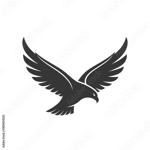 Silhouette of a soaring eagle with outstretched wings against a white background