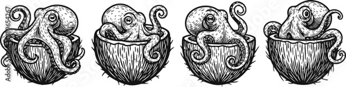 Cute octopuses sitting inside coconut shells hand drawn marine animals in vector vintage ocean wildlife illustration