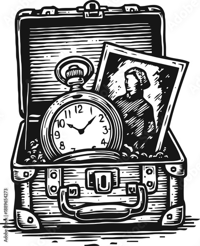 Vintage suitcase containing an old pocket watch and a black and white photo, nostalgic keepsakes concept