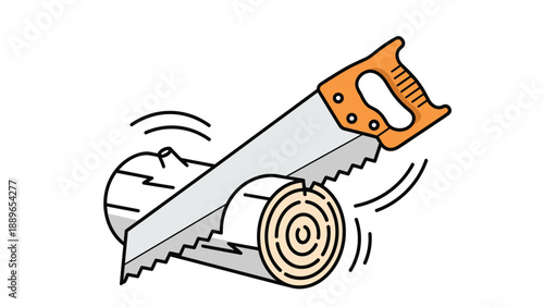 Handsaw actively cutting through a wooden log with motion lines indicating manual labor and carpentry work in a clean cartoon style.