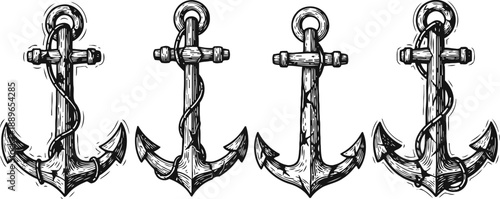 set of four vintage hand drawn anchors with ropes in black ink line art