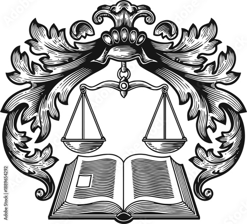 Vintage legal emblem with ornamental leaves, balanced scales of justice, and open law book illustration