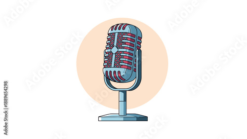 Vintage style silver condenser microphone on a stand set against a soft peach circular background, ideal for podcast and music themes.