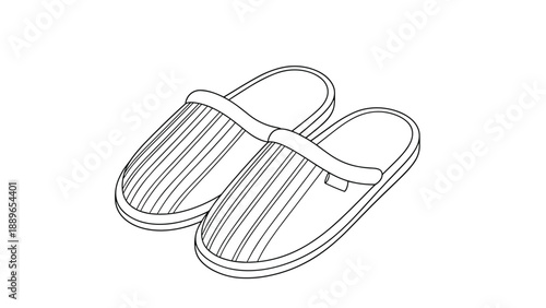 Comfortable pair of striped indoor slippers shown in a clean black and white line art drawing for home and relaxation concepts.