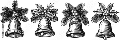 Vintage christmas bells with holly and pine branches set in black and white engraved