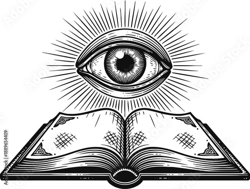 Mystical all seeing eye above an open ancient book with rays of light, spiritual symbolism concept